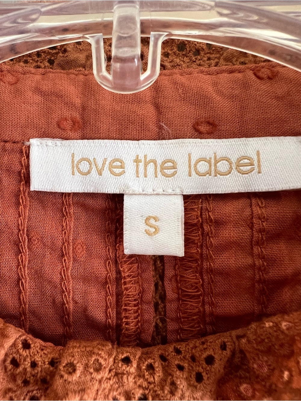 Love the Label Women's Rust Orange Cotton Eyelet Long Sleeve Blouse - Size: S - Picture 10 of 10